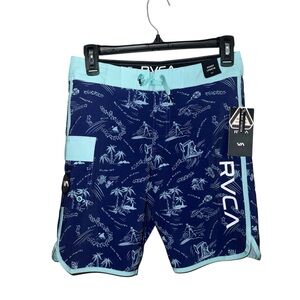 RVCA Navy and Light Blue Surf Print Trunks/Boardshorts